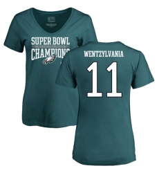 Women's Nike Philadelphia Eagles #11 Carson Wentz Green Wentzylvania Super Bowl LII Champions V-Neck T-Shirt