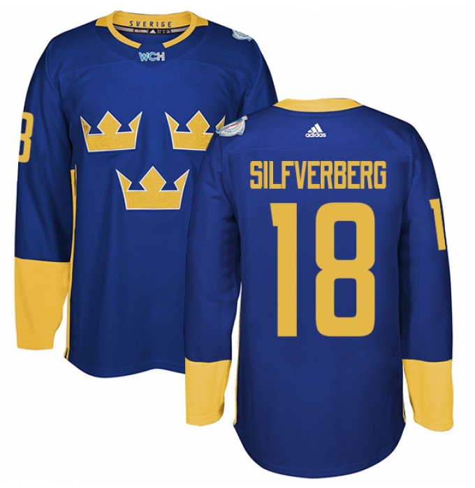 Men's Adidas Team Sweden #18 Jakob Silfverberg Premier Royal Blue Away 2016 World Cup of Hockey Jersey