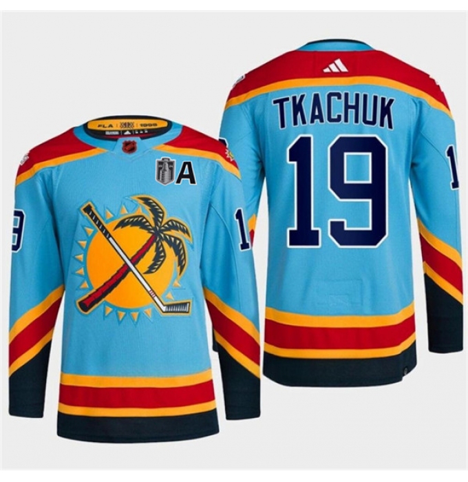 Men's Florida Panthers #19 Matthew Tkachuk Blue 2024 Stanley Cup Final Reverse Retro Stitched Jersey
