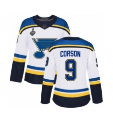 Women's St. Louis Blues #9 Shayne Corson Authentic White Away 2019 Stanley Cup Final Bound Hockey Jersey