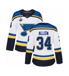 Women's St. Louis Blues #34 Jake Allen Authentic White Away 2019 Stanley Cup Champions Hockey Jersey