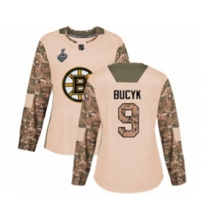 Women's Boston Bruins #9 Johnny Bucyk Authentic Camo Veterans Day Practice 2019 Stanley Cup Final Bound Hockey Jersey