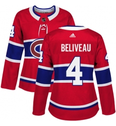 Women's Adidas Montreal Canadiens #4 Jean Beliveau Authentic Red Home NHL Jersey