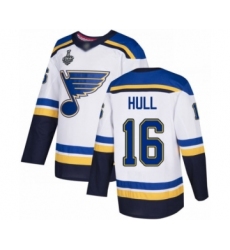 Men's St. Louis Blues #16 Brett Hull Authentic White Away 2019 Stanley Cup Final Bound Hockey Jersey