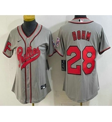 Women's Philadelphia Phillies #28 Alec Bohm Name Gray 2026 Field of Dreams Stadium Stitched Jersey