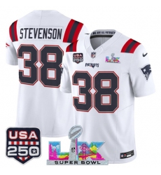 Men's New England Patriots #38 Rhamondre Stevenson White 2025 F.U.S.E. Super Bowl LX And USA 250 Vapor Limited Football Stitched Jersey