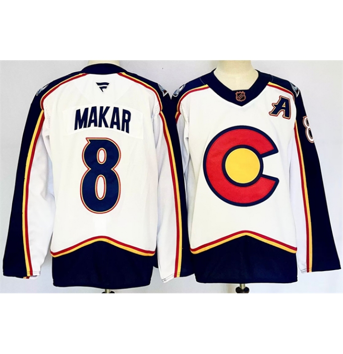 Men's Colorado Avalanche #8 Cale Makar White 2024-25 With A Reverse Retro Stitched Jersey