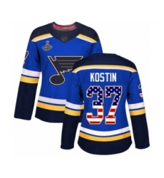 Women's St. Louis Blues #37 Klim Kostin Authentic Blue USA Flag Fashion 2019 Stanley Cup Champions Hockey Jersey
