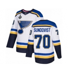 Men's St. Louis Blues #70 Oskar Sundqvist Authentic White Away 2019 Stanley Cup Final Bound Hockey Jersey