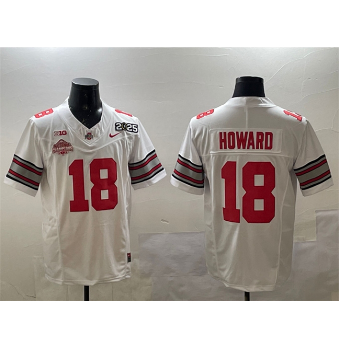 Men's Ohio State Buckeyes #18 Will Howard White 2025 CFP Final With National Champions F.U.S.E. Vapor Limited Stitched Football Jersey