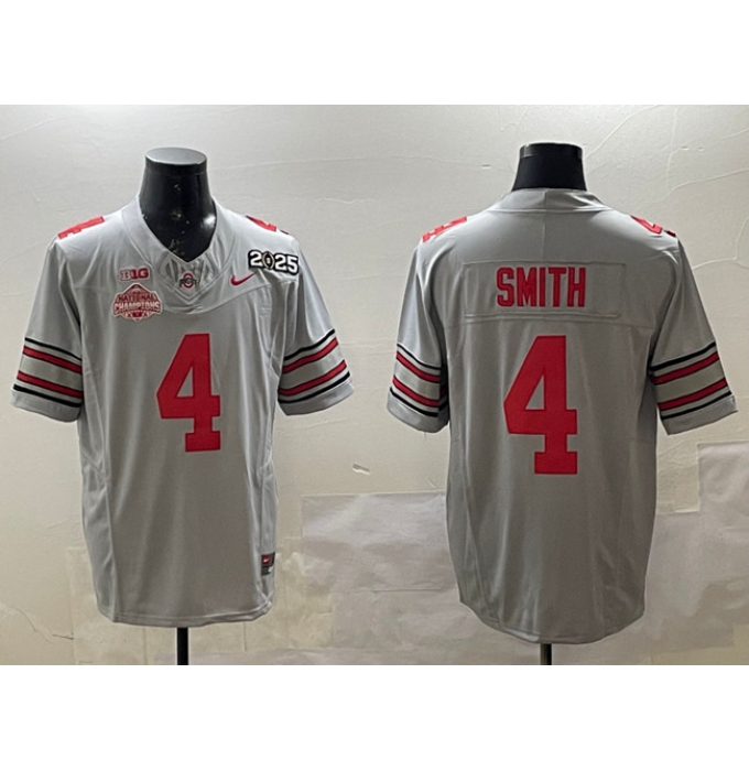 Men's Ohio State Buckeyes #4 Jeremiah Smith Grey 2025 CFP Final With National Champions F.U.S.E. Vapor Limited Stitched Football Jersey