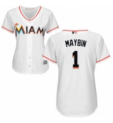 Women's Majestic Miami Marlins #1 Cameron Maybin Replica White Home Cool Base MLB Jersey