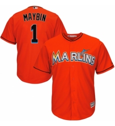 Youth Majestic Miami Marlins #1 Cameron Maybin Authentic Orange Alternate 1 Cool Base MLB Jersey