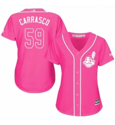 Women's Majestic Cleveland Indians #59 Carlos Carrasco Replica Pink Fashion Cool Base MLB Jersey