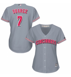 Women's Majestic Cincinnati Reds #7 Eugenio Suarez Replica Grey Road Cool Base MLB Jersey