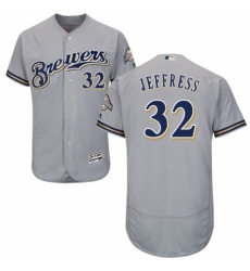 Men's Majestic Milwaukee Brewers #32 Jeremy Jeffress Grey Road Flex Base Authentic Collection MLB Jersey