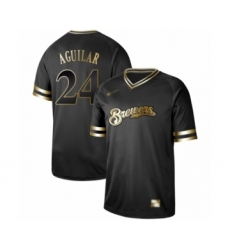 Men's Milwaukee Brewers #24 Jesus Aguilar Authentic Black Gold Fashion Baseball Jersey