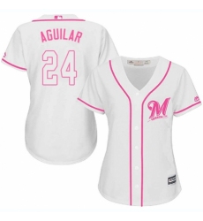 Women's Majestic Milwaukee Brewers #24 Jesus Aguilar Authentic White Fashion Cool Base MLB Jersey