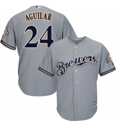Youth Majestic Milwaukee Brewers #24 Jesus Aguilar Authentic Grey Road Cool Base MLB Jersey
