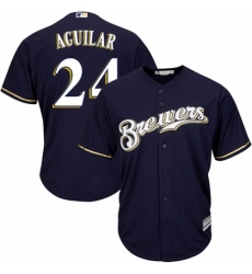 Youth Majestic Milwaukee Brewers #24 Jesus Aguilar Authentic Navy Blue Alternate Cool Base MLB Jersey