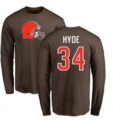 NFL Nike Cleveland Browns #34 Carlos Hyde Brown Name & Number Logo Long Sleeve T-Shirt
