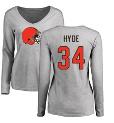 NFL Women's Nike Cleveland Browns #34 Carlos Hyde Ash Name & Number Logo Long Sleeve T-Shirt