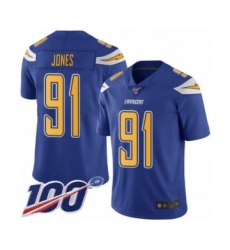 Men's Los Angeles Chargers #91 Justin Jones Limited Electric Blue Rush Vapor Untouchable 100th Season Football Jersey