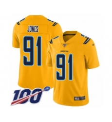 Men's Los Angeles Chargers #91 Justin Jones Limited Gold Inverted Legend 100th Season Football Jersey