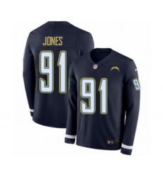 Men's Nike Los Angeles Chargers #91 Justin Jones Limited Navy Blue Therma Long Sleeve NFL Jersey
