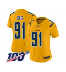 Women's Los Angeles Chargers #91 Justin Jones Limited Gold Inverted Legend 100th Season Football Jersey