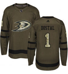 Men's Adidas Anaheim Ducks #1 Lukas Dostal Authentic Green Salute to Service NHL Jersey