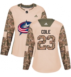 Women's Adidas Columbus Blue Jackets #23 Ian Cole Authentic Camo Veterans Day Practice NHL Jersey