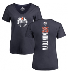 NHL Women's Adidas Edmonton Oilers #35 Al Montoya Navy Blue Backer Slim Fit V-Neck T-Shirt