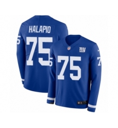 Men's Nike New York Giants #75 Jon Halapio Limited Royal Blue Therma Long Sleeve NFL Jersey