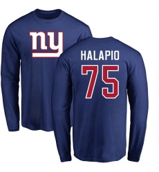 NFL Nike New York Giants #75 Jon Halapio Royal Blue Name & Number Logo Long Sleeve T-Shirt