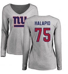 NFL Women's Nike New York Giants #75 Jon Halapio Ash Name & Number Logo Long Sleeve T-Shirt
