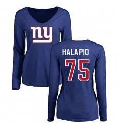 NFL Women's Nike New York Giants #75 Jon Halapio Royal Blue Name & Number Logo Long Sleeve T-Shirt