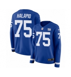 Women's Nike New York Giants #75 Jon Halapio Limited Royal Blue Therma Long Sleeve NFL Jersey