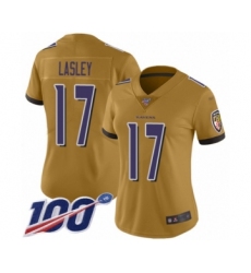 Women's Baltimore Ravens #17 Jordan Lasley Limited Gold Inverted Legend 100th Season Football Jersey