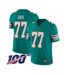 Men's Miami Dolphins #77 Jesse Davis Aqua Green Alternate Vapor Untouchable Limited Player 100th Season Football Jersey
