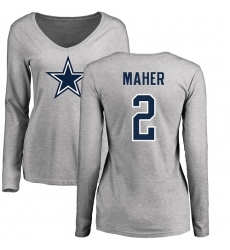 NFL Women's Nike Dallas Cowboys #2 Brett Maher Ash Name & Number Logo Slim Fit Long Sleeve T-Shirt