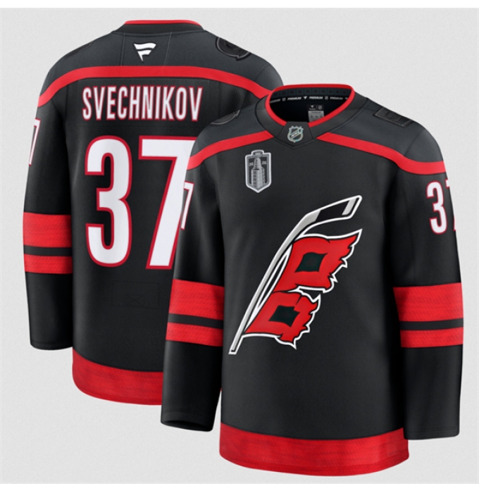 Men's Carolina Hurricanes #37 Andrei Svechnikov Black 2026 Stanley Cup Final Home Premium Hockey Stitched Jersey