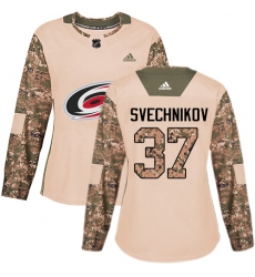 Women's Adidas Carolina Hurricanes #37 Andrei Svechnikov Authentic Camo Veterans Day Practice NHL Jersey