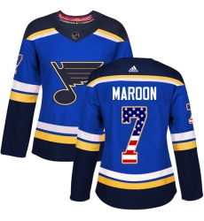 Women's Adidas St. Louis Blues #7 Patrick Maroon Authentic Blue USA Flag Fashion NHL Jersey