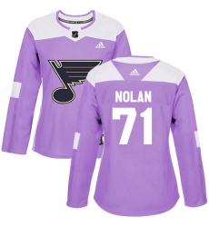 Women's Adidas St. Louis Blues #71 Jordan Nolan Authentic Purple Fights Cancer Practice NHL Jersey