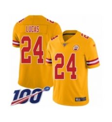 Men's Kansas City Chiefs #24 Jordan Lucas Limited Gold Inverted Legend 100th Season Football Jersey