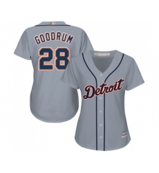Women's Detroit Tigers #28 Niko Goodrum Replica Grey Road Cool Base Baseball Jersey