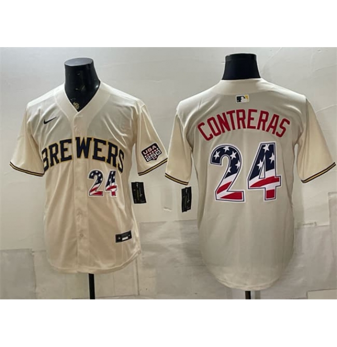Men's Milwaukee Brewers #24 William Contreras Cream 2026 USA 250 Fourth of July Home Stadium Stitched Baseball Jersey