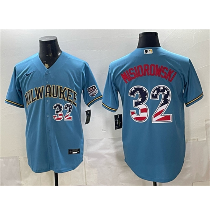 Men's Milwaukee Brewers #32 Jacob Misiorowski Blue 2026 USA 250 Fourth of July Home Stadium Stitched Baseball Jersey