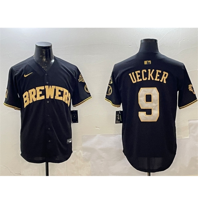 Men's Milwaukee Brewers #9 Bob Uecker Black Gold With Home Limited Stitched Baseball Jersey